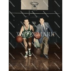 RX538 BOB COUSY Boston Celtics  & CURT GOWDY Pose Colorized Photo